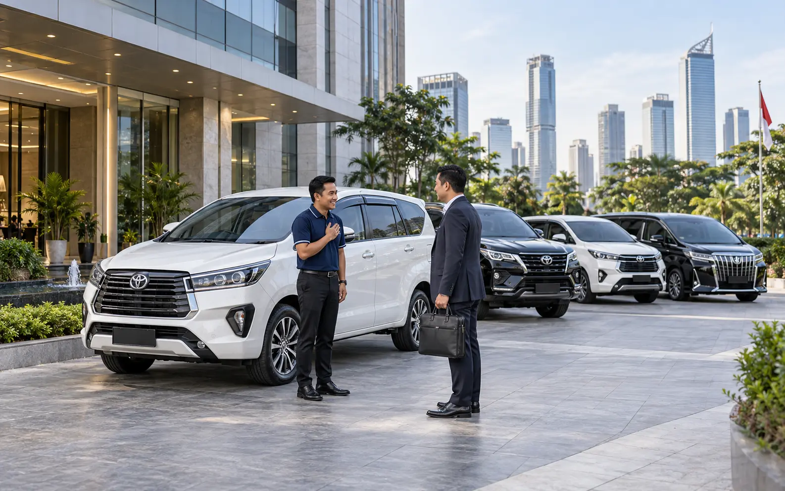 Armada kendaraan perusahaan di depan gedung perkantoran